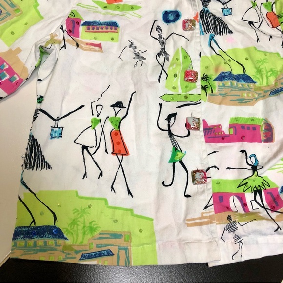 Vintage 90s Keren Hart Colorful AOP Funky Lady Button Down Utility Denim Jacket - Picture 5 of 13